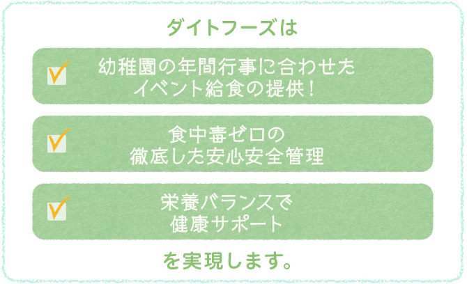 ダイトフーズは、1・幼稚園の年間行事に合わせたイベント給食の提供！　2・食中毒ゼロの徹底した安心安全管理　3・栄養バランスで健康サポートを実現します。